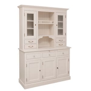 Bufet cu 3 usi, 3 sertare BAS + 2 usi sticla, 4 sertare, spatiu deschis SUP, culoare crem P015, vopsit, 100% lemn masiv, 138x50x197 cm