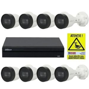 Kit supraveghere IP Dahua, pentru exterior 8 camere, 2MP, PoE, Infrarosu 30m, IP67,  Lentila 2.8mm ,  NVR 8 canale, PoE, 12MP, SMD Plus,  Autocolant ROVISION
