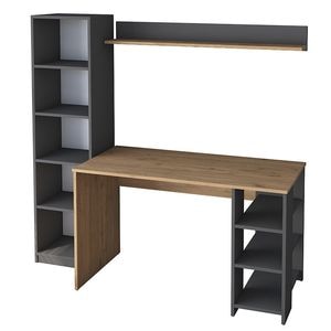 Birou cu biblioteca Pako World, model 58924, 160x161.8x45 cm, Antracit/Natural