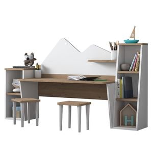Set birou pentru copii Pako World, model 57986, 180x93.6x45 cm, Alb/Nuc