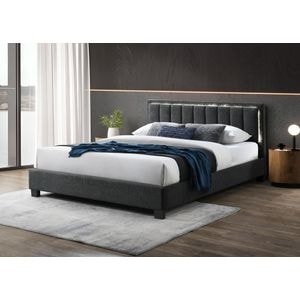 Pat tapitat Comfort 1 cu LED, 140x200 cm, cadru din lemn cu somiera fixa, gri