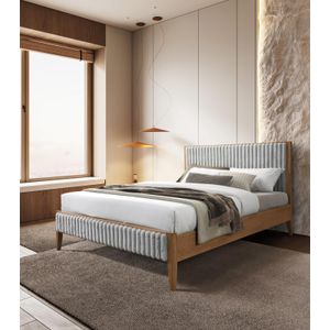 Pat tapitat din lemn Siera 140x200, cu somiera fixa, gri