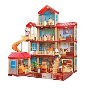 Casuta papusi Lumea Barbie, marime JUMBO cu 4 etaje, tobogan, lumini, papusi si mobilier, 320 piese incluse