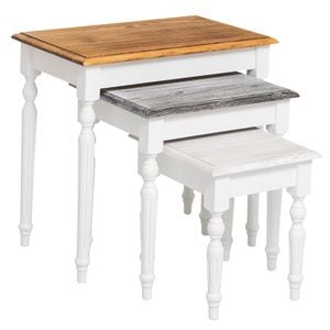 Set 3 mese cafea, culoare blat maro P064, gri inchis P065, crem P080, culoare picioare alb P004, multicolor, 100% lemn masiv, 60x40x64 cm