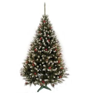 Brad artificial de Craciun PROCART, varfuri cu aspect nins, conuri si merisoare, inaltime 220 cm, suport