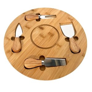 Platou din bambus pentru branzeturi Grunberg GR5818, cu 4 accesorii incluse, rotund,bambus + plastic + otel inoxidabil, 29.5x29.5 cm