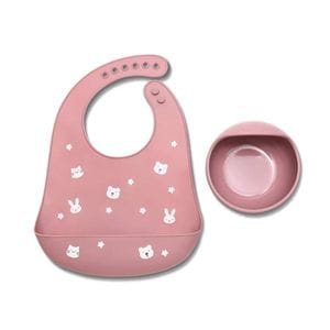 Set de hranire din silicon natural Lorelli, contine bol cu vacuum si baveta, 6 luni+, Pink