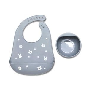 Set de hranire din silicon natural Lorelli, contine bol cu vacuum si baveta, 6 luni+, Grey