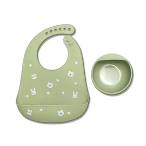 Set de hranire din silicon natural Lorelli, contine bol cu vacuum si baveta, 6 luni+, Fresh Green