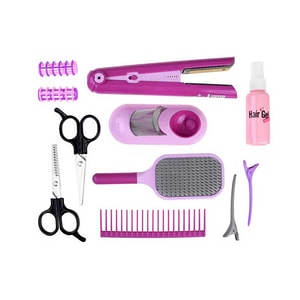 Set de coafura pentru copii PROCART, placa de par, foarfece, piepteni, role pentru ondulare, carduri, baterii, roz