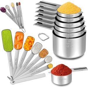 Set complet de 20 ustensile de masura pentru bucatarie, cu 7 linguri si 1 nivelator, 7 cupe, 5 lingurite mini, din otel inoxidabil, argintiu