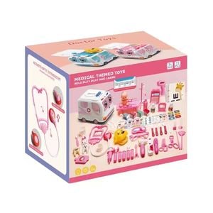 Trusa medicala cu 73 de accesorii pentru copii PROCART, ambulanta interactiva cu lumini si efecte sonore, bebelus, roz