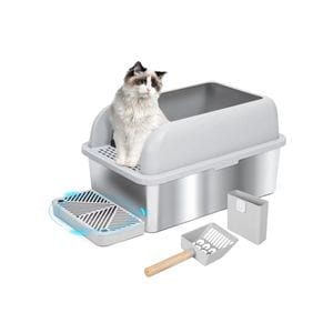 Litiera inox SHAW XL pentru pisici, cu prag si lopatica incluse, usor de curatat, rezistenta