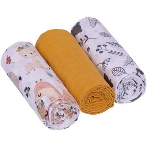 Set 3 scutece Infantilo, Animale Boho, Din muselina, Dimensiuni 70 x 80 cm, Galben