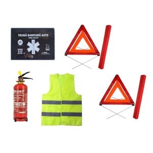 Kit siguranta auto Lumi Luxury: Trusa medicala, 2 x triunghiuri reflectorizante, stingator cu manometru reincarcabil, vesta reflectorizanta