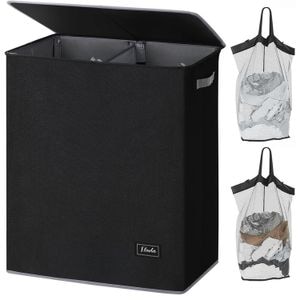 Cos de rufe pliabil Elindor, cu capac si saci de rufe detasabili, 2 compartimente, 145 L, 57 x 38 x 67 cm, material oxford, Negru