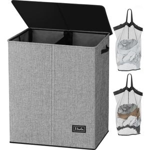 Cos de rufe pliabil Elindor, cu capac si saci de rufe detasabili, 2 compartimente, 145 L, 57 x 38 x 67 cm, material oxford, Gri
