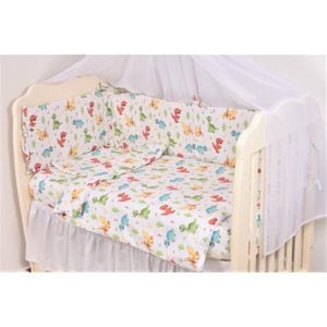 Set lenjerie Confort Family, Dinozauri, 7 piese, Cu aparatori, Dimensiuni patut 120x60 cm
