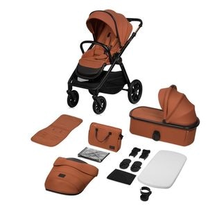 Carucior 2 in 1 Lionelo, Layla, Pana la 22 kg, Cadru aluminiu, Cu landou, Salteluta AirDots, Reversibil, Cu ventilatie 3D, Cu accesorii, EN1888-1, EN1888-2, EN1466, Maro