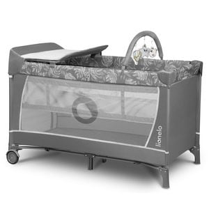 Patut pliant Lionelo, Flower, Cu doua nivele, Cu arcada, Geanta transport, Masuta de infasat, Bara cu jucarii, Fereastra laterala, 120x60 cm, Conform cu EN 716 si EN12221, Gri