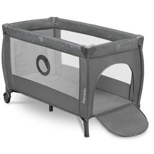 Patut pliant Lionelo, Stefi Plus, Cu doua nivele, Cu intrare laterala cu fermoar, 2 roti, 120 x 60 cm, Conform cu EN 716, Gri/ Multicolor