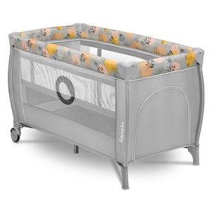 Patut pliant Lionelo, Stefi Plus, Cu doua nivele, Cu intrare laterala cu fermoar, 2 roti, 120 x 60 cm, Conform cu EN 716, Roz/Galben