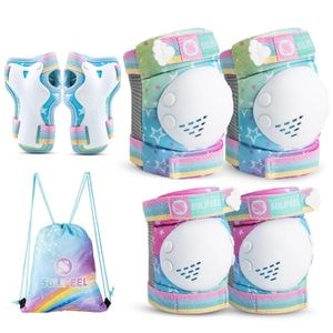Set de Protectie Genunchiere, Cotiere, Aparatori Incheieturi, Reglabil, Pentru Copii cu Design Unicorn Curcubeu, Potrivit Pentru Ciclism, Role, Trotineta, SkateBoard, Marimea M, Culoare Roz