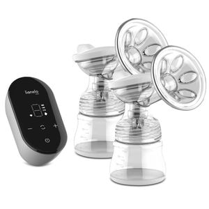 Pompa dubla de san Lionelo, Electrica, Cu 9 nivele de aspiratie, Cu masaj, Afisaj LED, Pana la 90 min, Fara BPA, Cu 2 recipiente de 150 ml si 2 pungi, Cablu USB, Husa, Alb/Gri