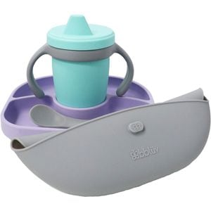 Set de masa complet Bbluv, Include farfurie compartimentata, baveta portabila cu buzunar, Canuta si lingurita, Silicon, Fara BPA, Violet