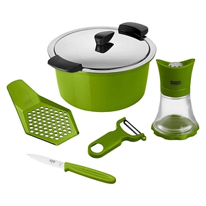 Set oala cu capac si accesorii Kuhn Rikon, Starter Set, otel inoxidabil, 6 piese, verde