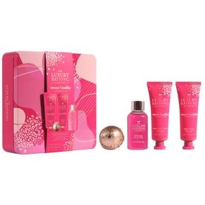 Set Cadou Relax & Unwind, Sweet Vanilla & Almond Glaze, Crema Maini si Unghii, Crema Corp, Gel de Dus, Bila de Baie, Cutie Metalica cu Print si Capac, 4 articole