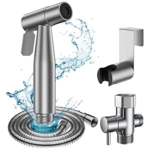 Set Dus pentru Igiena Intima, Baterie Bideu pentru WC din Inox, 4 Componente Baterie, Adaptor, Furtun si Suport de Prindere pe WC sau Perete cu Presiune Reglabila, Filet 7/8, Argintiu