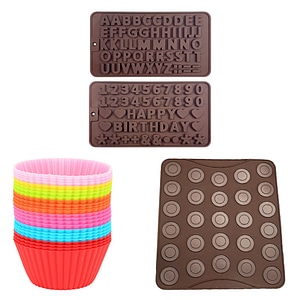 Set cofetarie Quasar & Co., foaie 27 macarons, 24 forme briose, 2 forme decorare cu litere si cifre, silicon, maro-galben