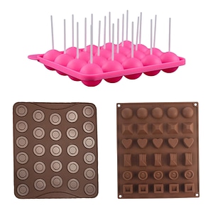 Set cofetarie Quasar & Co., foaie 27 macarons, forme 20 acadele cu betisoare, matrita 30 forme bomboane, silicon, maro-roz