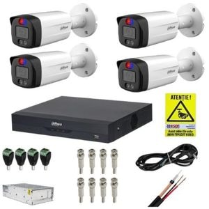 Sistem supraveghere Dahua, 4 camere, 5MP, Alarma, Microfon, Smart Dual Light, IR 40m, Lumina Alba 40m, Lentila 3.6mm, DVR 4 canale, 8MP, 4K, WizSense, Accesorii montaj