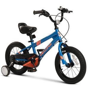 Bicicleta copii 3-5 ani Kids BMX Rider JSX1403, roti 14", frane C-Brake fata, tambur spate, cauciucuri late tip MTB, roti ajutatoare, albastru cu portocaliu