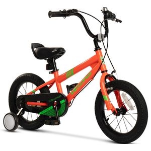 Bicicleta copii 3-5 ani Kids BMX Rider JSX1403, roti 14", frane C-Brake fata, tambur spate, cauciucuri late tip MTB, roti ajutatoare, portocaliu cu verde