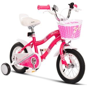 Bicicleta copii 3-5 ani Kids BMX Princess JSX1404, roti 14", frane V-Brake fata spate, cauciucuri late tip MTB, roti ajutatoare, fucsia