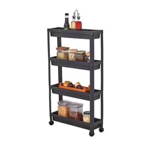 Organizator slim portabil cu roti, 4 rafturi, pentru bucatarie sau baie, Negru, 19x54x100 cm 