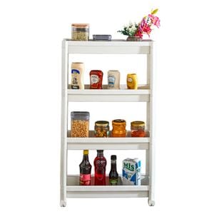 Organizator slim portabil cu roti, 4 rafturi, pentru bucatarie sau baie, Alb, 19x54x100 cm 