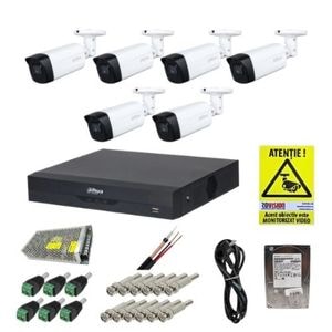 Sistem supraveghere Dahua 6 camere 5MP Starlight IR 40m lentila 3.6mm IP67, DVR 8 canale WizSense 5M-N/1080P, accesorii montaj + CADOU Autocolant ROVISION 