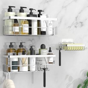 Set 3 Rafturi Elindor pentru Dus, din Otel Inoxidabil, Adeziv Puternic, Gri