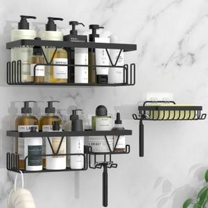 Set 3 Rafturi Elindor pentru Dus, din Otel Inoxidabil, Adeziv Puternic, Negru