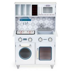 Bucatarie copii Ecotoys, PLK545, Din lemn, Cu accesorii, sunete si LED-uri, Alb/Gri