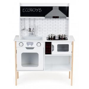Bucatarie copii Ecotoys, PLK537, Din lemn, Cu accesorii, sunete si LED-uri, Alb/Bej/Gri
