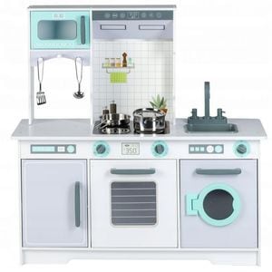 Bucatarie copii Ecotoys, 7258A, Din lemn, Cu accesorii, Alb/Gri/Turcoaz
