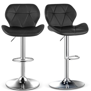 Set 2 scaune bar, Quasar & Co., inaltime reglabila, sistem rotire 360, picior antiderapant, baza cromata, suport fix metalic pentru picioare, sezut tip scoica, piele ecologica, negru