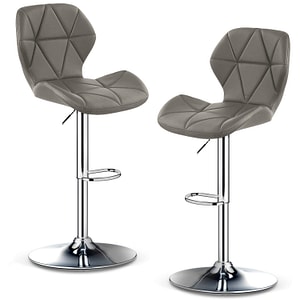 Set 2 scaune bar, Quasar & Co., inaltime reglabila, sistem rotire 360, picior antiderapant, baza cromata, suport fix metalic pentru picioare, sezut tip scoica, piele ecologica, gri