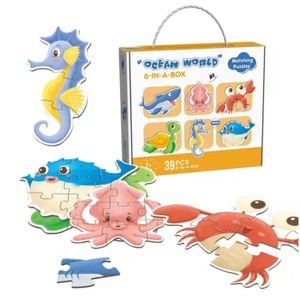 Joc Puzzle pentru copii 6 in 1 Simply Joy, 3/4/5/6/7/8 piese, 6 Animale Marine, Calut de Mare, Crab, Rechin, Broasca Testoasa, Peste, Caracatita, pentru baieti si fete, 2 ani +