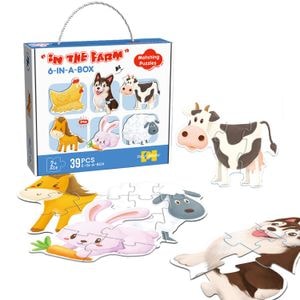 Joc Puzzle pentru copii 6 in 1 Simply Joy, 3/4/5/6/7/8 piese, Animale de la Ferma, Iepure, Vaca, Cal, Caine, Gaina, Oaie, pentru baieti si fete, 2 ani +